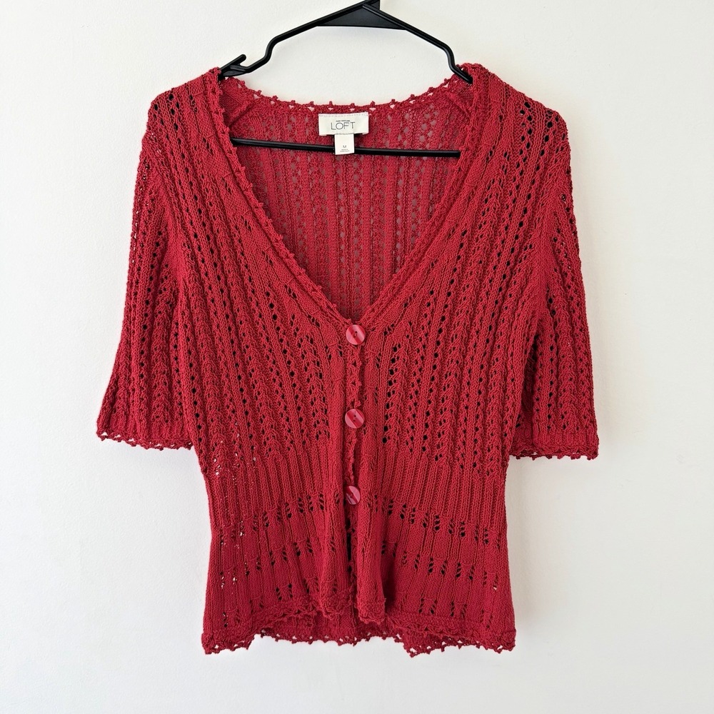 Y2K Red Crochet Cardigan M Romantic Cottage Fairy Open Knit Button Top